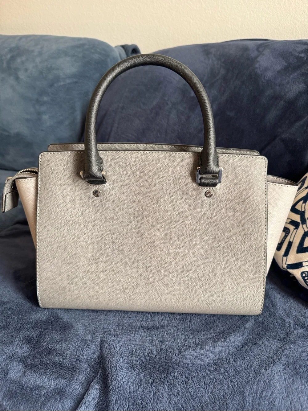 Michael Kors Light Gray Saffiano Satchel with Black Handles and Lilac Pom
